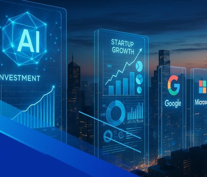 Visualizzazione futuristica di investimenti globali nell’intelligenza artificiale con grafiche olografiche e skyline tecnologico