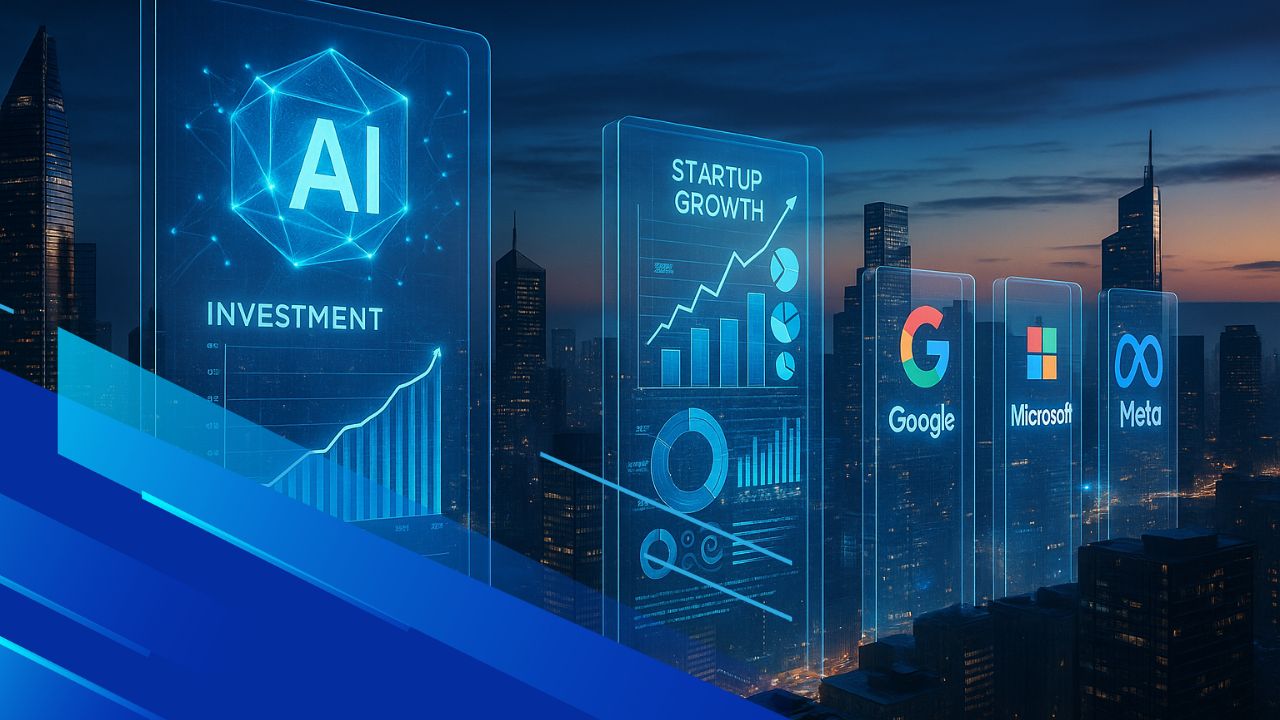 Visualizzazione futuristica di investimenti globali nell’intelligenza artificiale con grafiche olografiche e skyline tecnologico