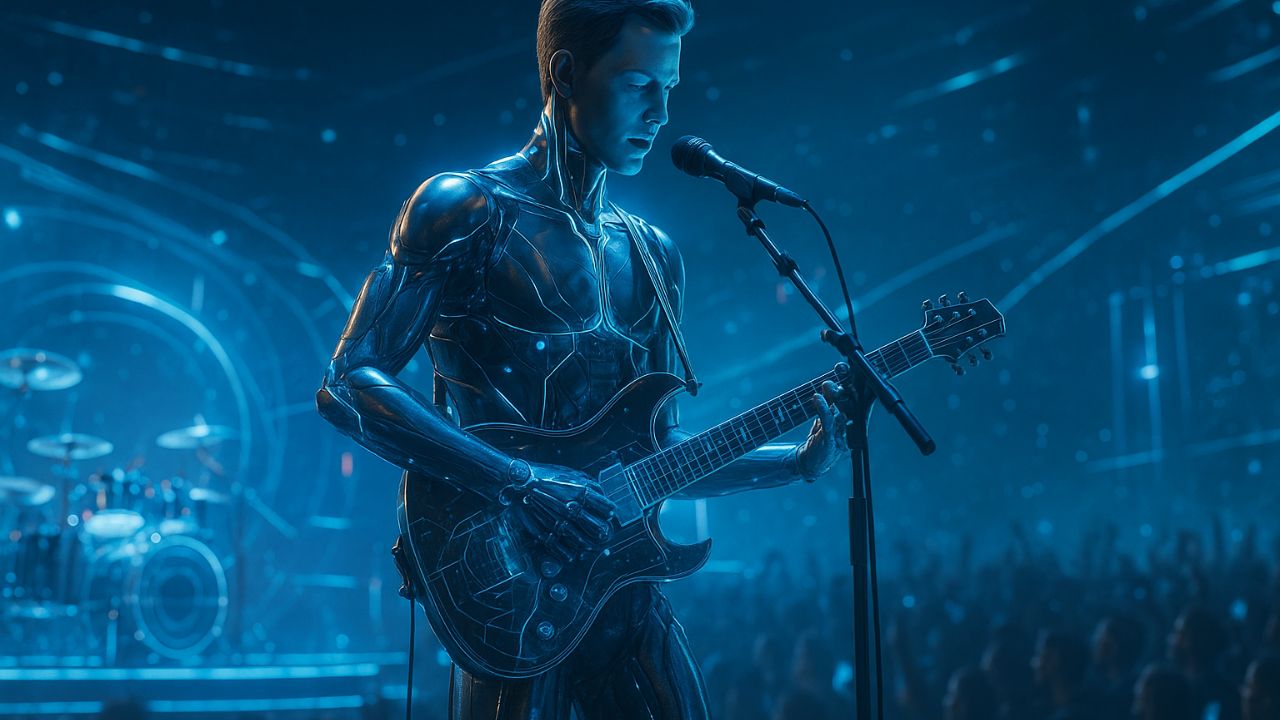 Musicista virtuale generato da AI che si esibisce con strumenti olografici su un palco futuristico