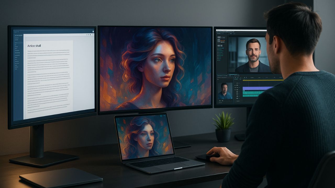 Postazione con tre schermi che mostrano la creazione simultanea di un testo, un ritratto generato da AI e un avatar video
