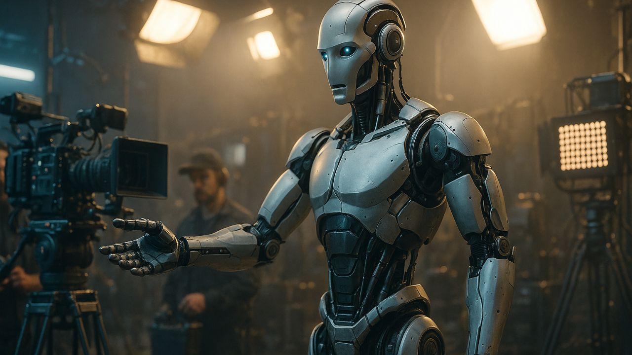 Regista robotico su un set cinematografico futuristico che dirige una troupe digitale