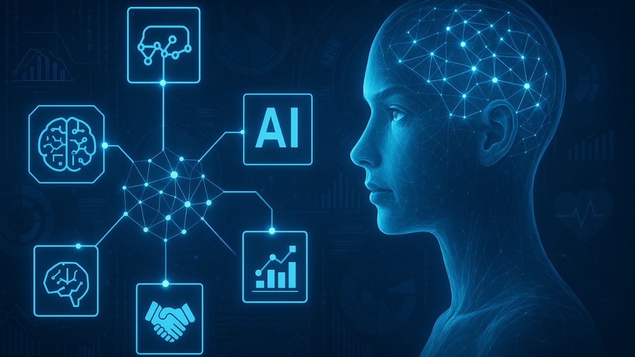 Rete cerebrale astratta circondata da grafici a barre, linee dati e interfacce digitali