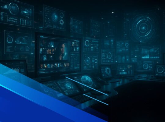 Sala di controllo futuristica con schermi olografici gestiti da intelligenza artificiale