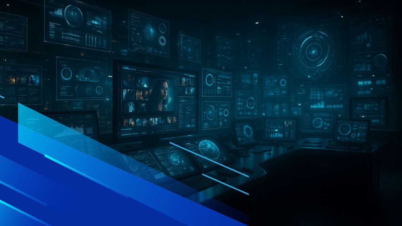 Sala di controllo futuristica con schermi olografici gestiti da intelligenza artificiale