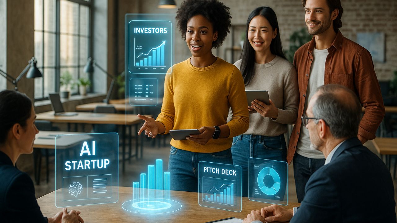 Giovani imprenditori presentano progetti di intelligenza artificiale in uno spazio tech a investitori