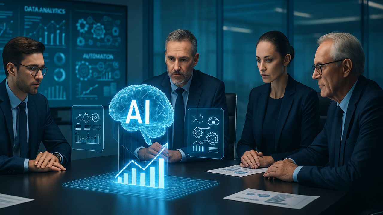 Dirigenti aziendali analizzano strategie basate su intelligenza artificiale tramite schermi futuristici