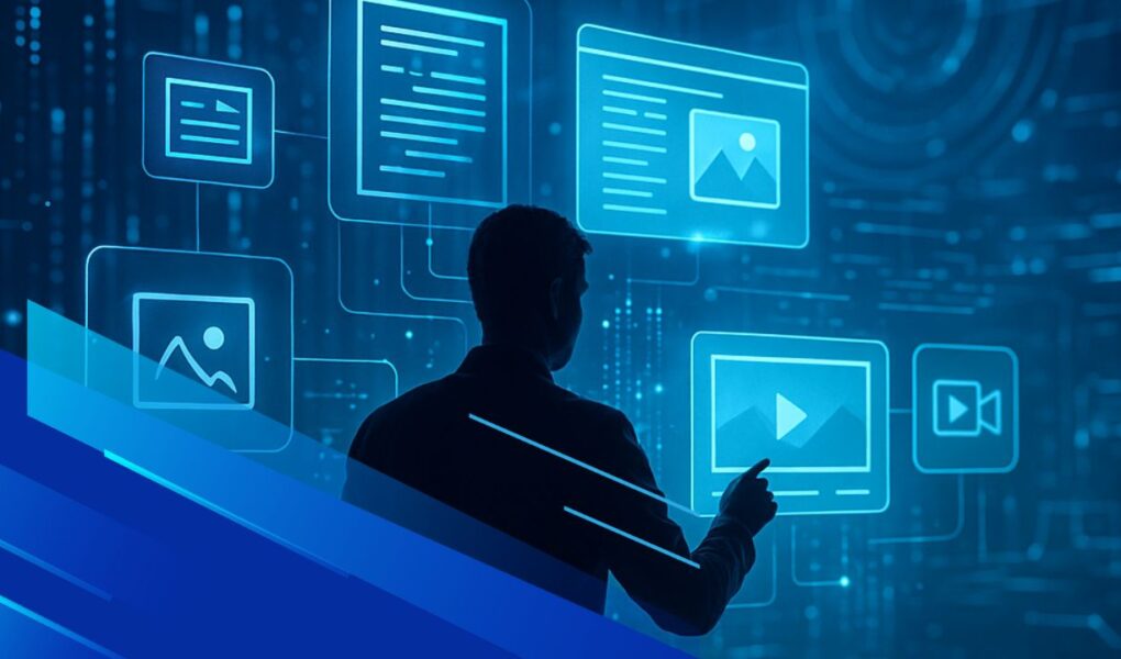 Persona in controluce interagisce con interfacce digitali fluttuanti che rappresentano strumenti di intelligenza artificiale generativa