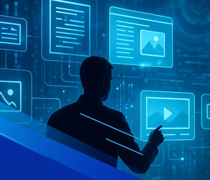 Persona in controluce interagisce con interfacce digitali fluttuanti che rappresentano strumenti di intelligenza artificiale generativa