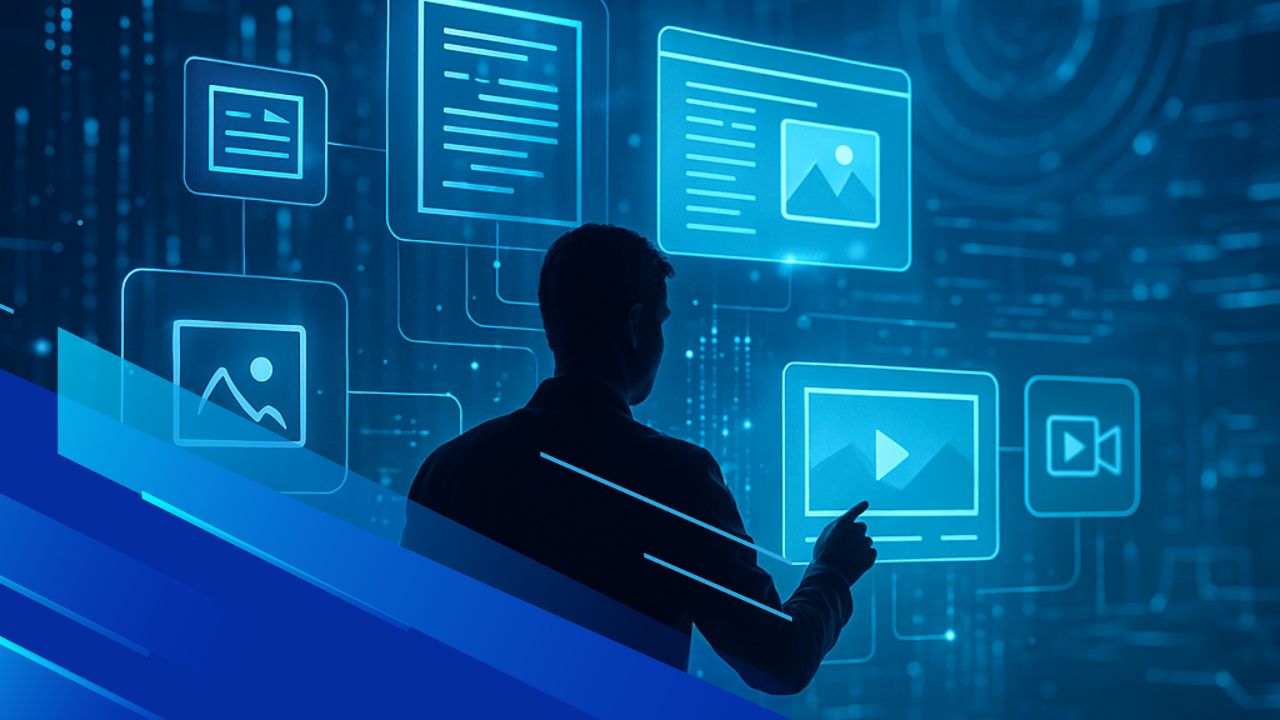 Persona in controluce interagisce con interfacce digitali fluttuanti che rappresentano strumenti di intelligenza artificiale generativa