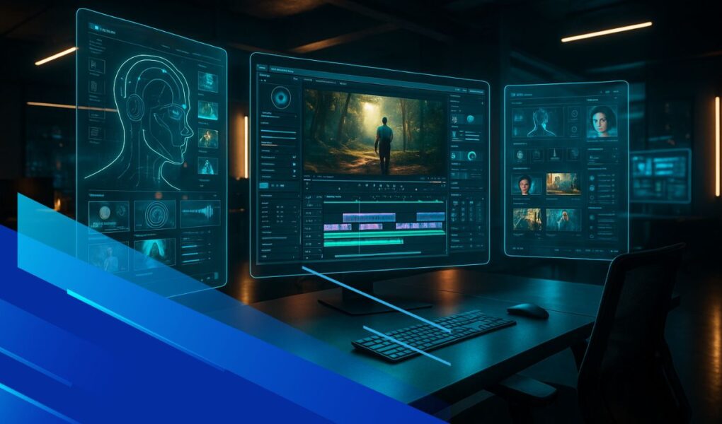 Studio creativo futuristico con schermi olografici e strumenti AI per il montaggio video