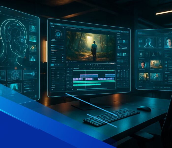 Studio creativo futuristico con schermi olografici e strumenti AI per il montaggio video