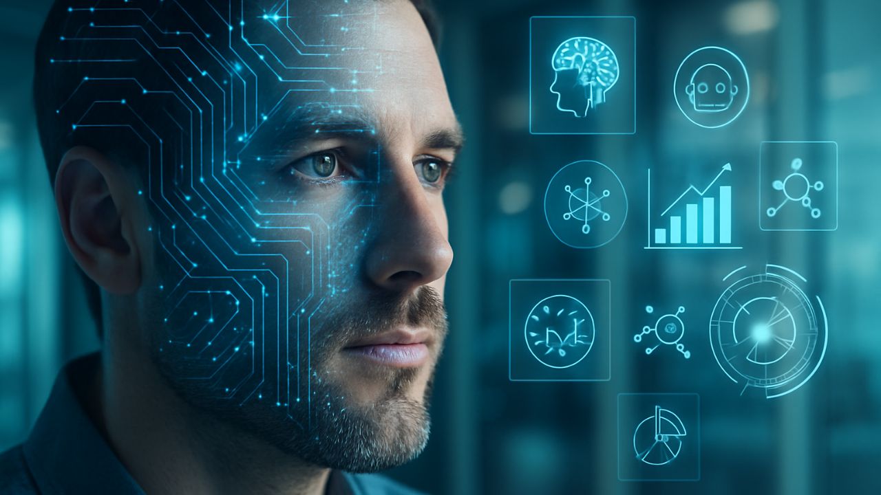 Volto umano stilizzato circondato da icone AI e connettività digitale, concetto di AI nel mondo reale