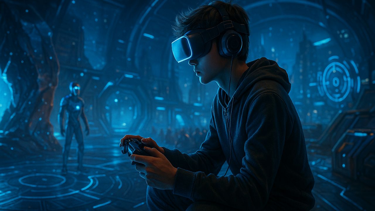 Ragazzo che gioca in realtà virtuale con ambienti reattivi e personaggi controllati da AI