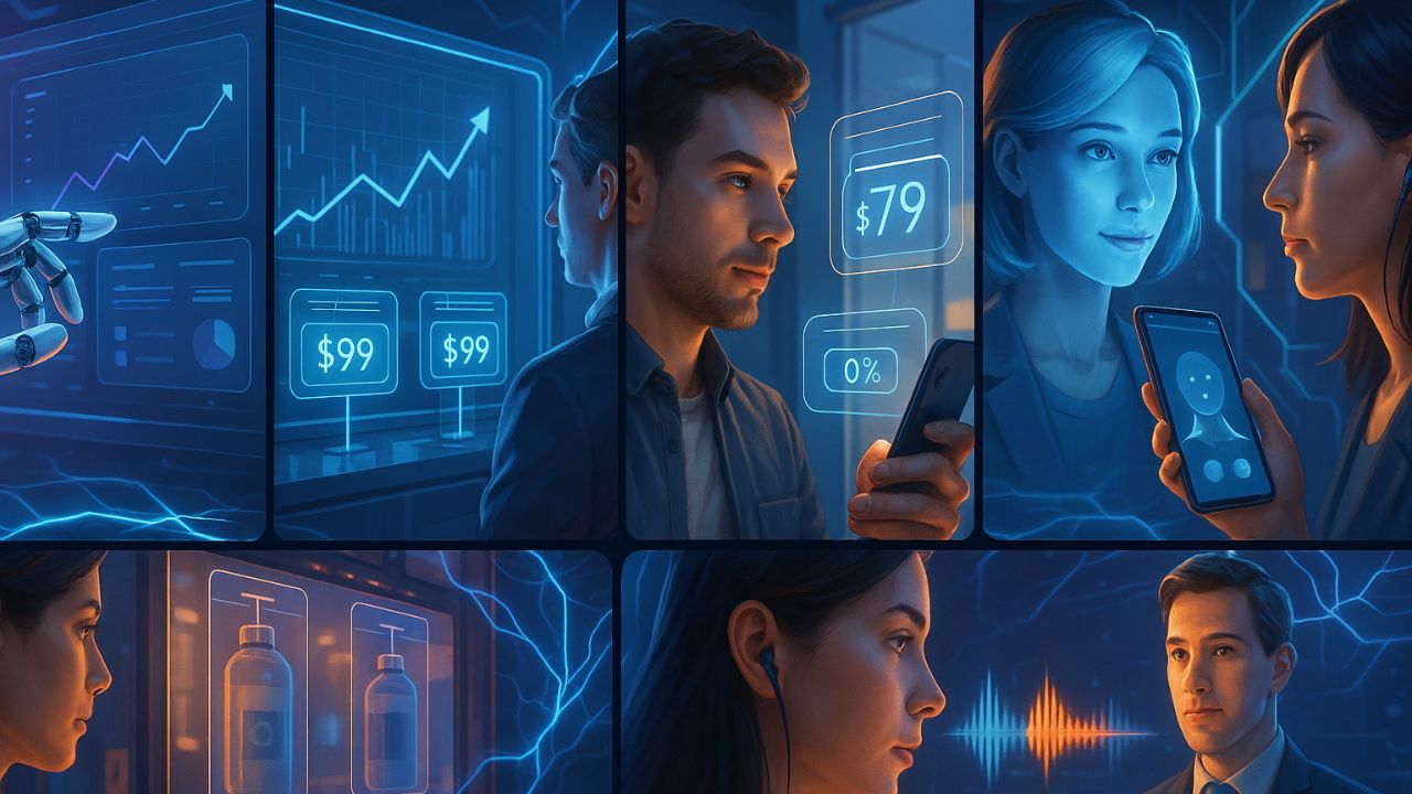 Sei scenari visivi che illustrano le applicazioni pratiche dell’intelligenza artificiale nel processo di vendita