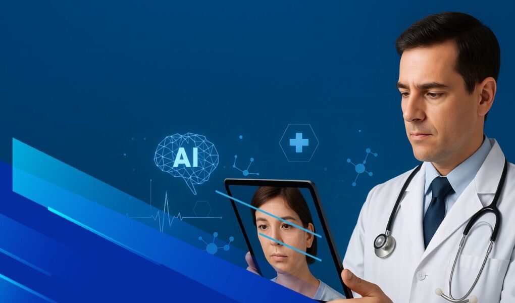 Medico analizza volto di paziente su tablet con supporto di intelligenza artificiale per diagnosi di malattia rara