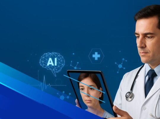 Medico analizza volto di paziente su tablet con supporto di intelligenza artificiale per diagnosi di malattia rara