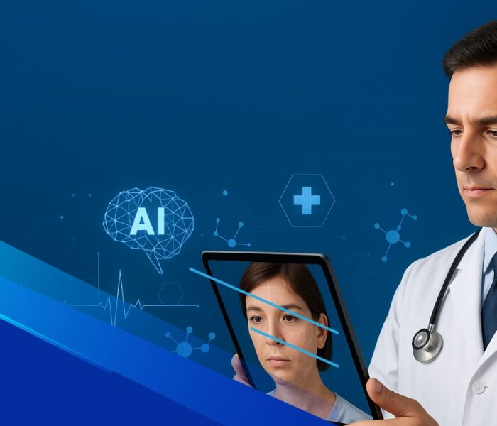 Medico analizza volto di paziente su tablet con supporto di intelligenza artificiale per diagnosi di malattia rara