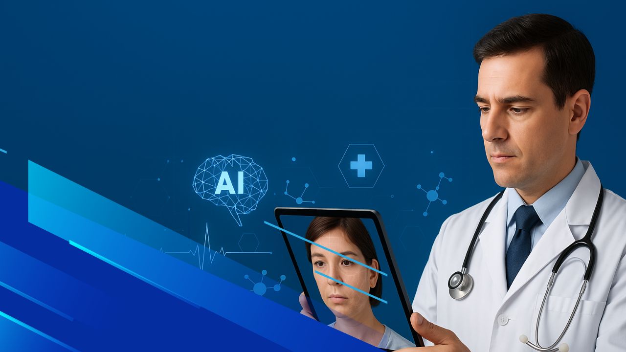 Medico analizza volto di paziente su tablet con supporto di intelligenza artificiale per diagnosi di malattia rara