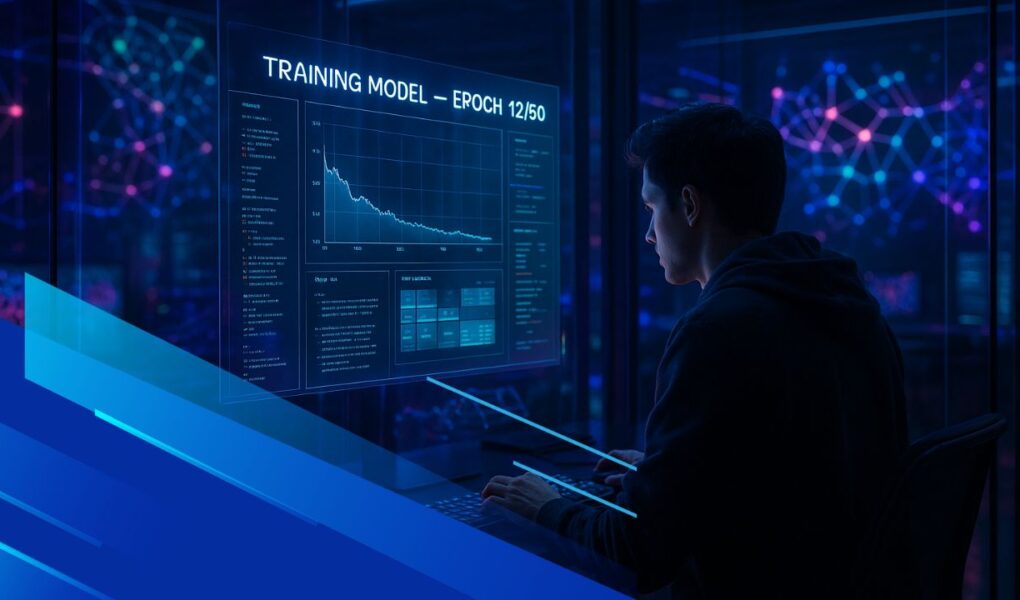 Persona in ambiente high-tech mentre addestra un modello di machine learning su interfacce olografiche