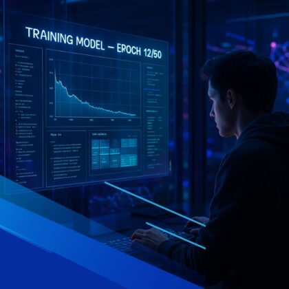 Persona in ambiente high-tech mentre addestra un modello di machine learning su interfacce olografiche