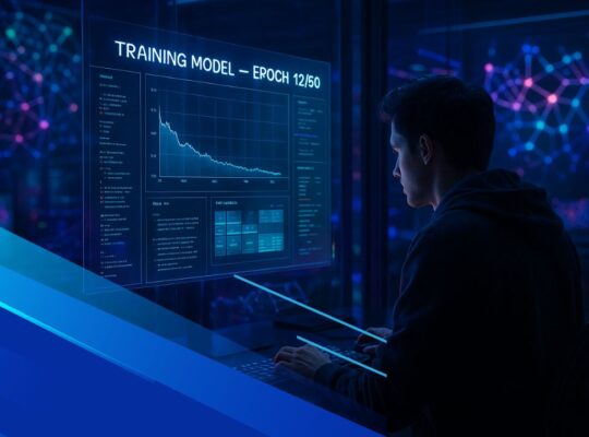 Persona in ambiente high-tech mentre addestra un modello di machine learning su interfacce olografiche