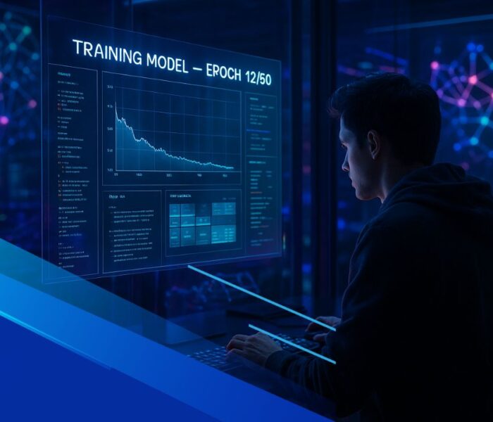 Persona in ambiente high-tech mentre addestra un modello di machine learning su interfacce olografiche