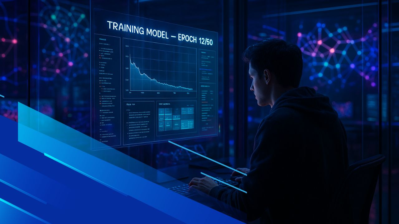 Persona in ambiente high-tech mentre addestra un modello di machine learning su interfacce olografiche