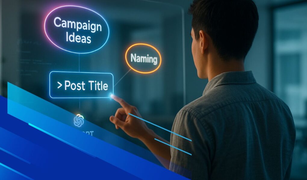 Professionista davanti a una lavagna olografica con idee colorate generate da ChatGPT, in un ufficio minimal blu.