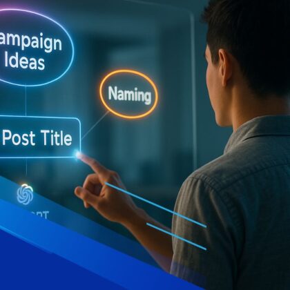 Professionista davanti a una lavagna olografica con idee colorate generate da ChatGPT, in un ufficio minimal blu.