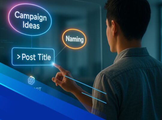 Professionista davanti a una lavagna olografica con idee colorate generate da ChatGPT, in un ufficio minimal blu.
