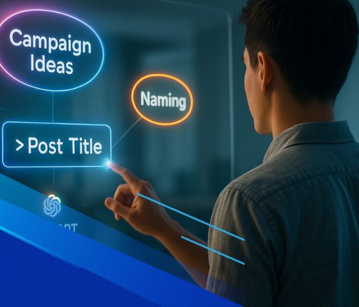 Professionista davanti a una lavagna olografica con idee colorate generate da ChatGPT, in un ufficio minimal blu.