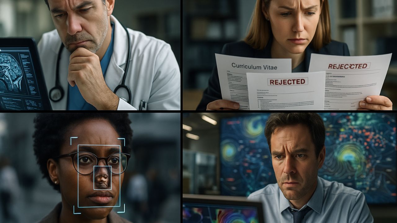 Collage realistico con medico, recruiter, riconoscimento facciale e meteorologo alle prese con errori e limiti dell’intelligenza artificiale.