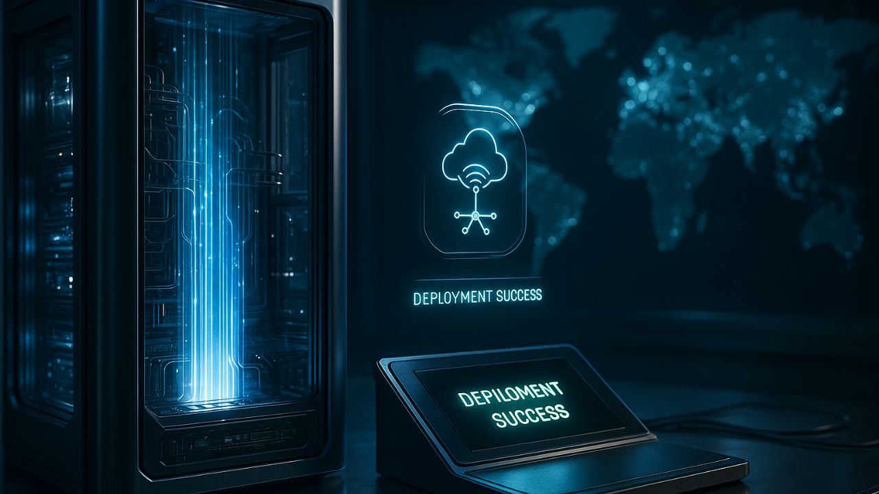 Scena fotorealistica con server trasparenti e interfacce digitali che indicano la distribuzione di un modello in produzione