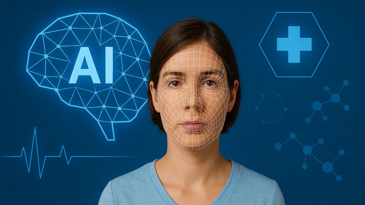 Donna osservata da sistema AI con cervello digitale, icona medica e segnali ECG in sfondo tecnologico