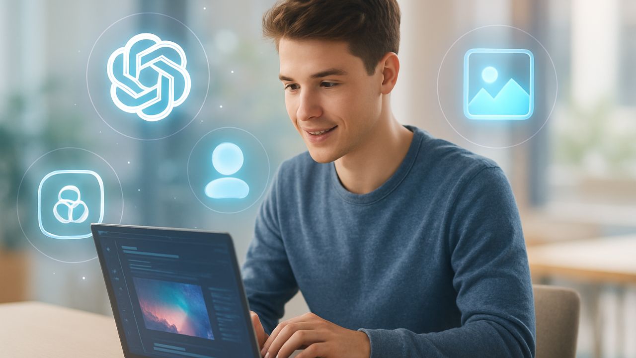 Giovane italiano usa strumenti di intelligenza artificiale generativa su laptop