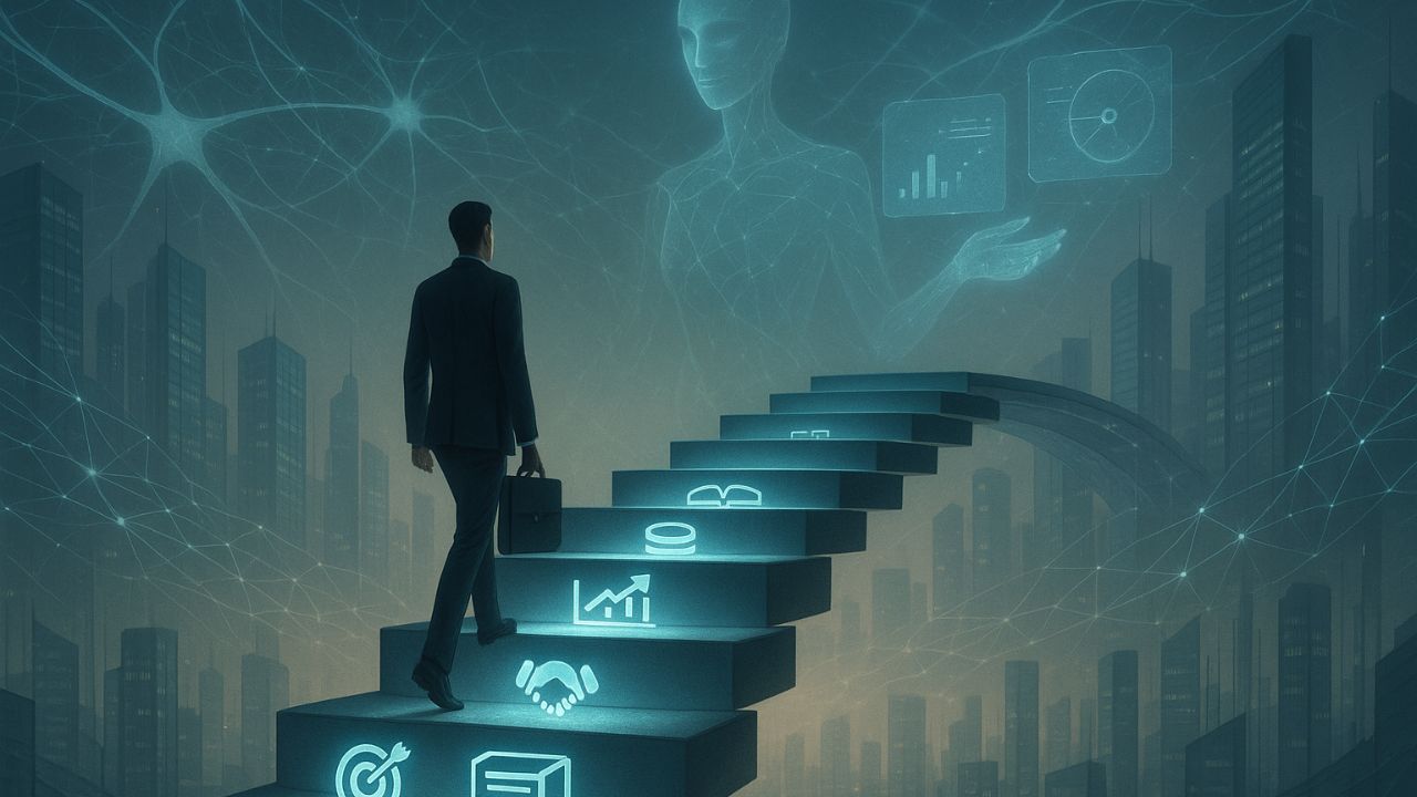 Metafora visiva di un percorso a gradini con le migliori pratiche per adottare l’intelligenza artificiale nelle vendite