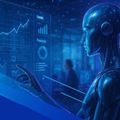 Rappresentazione futuristica di un’intelligenza artificiale che analizza dashboard di vendita in tempo reale