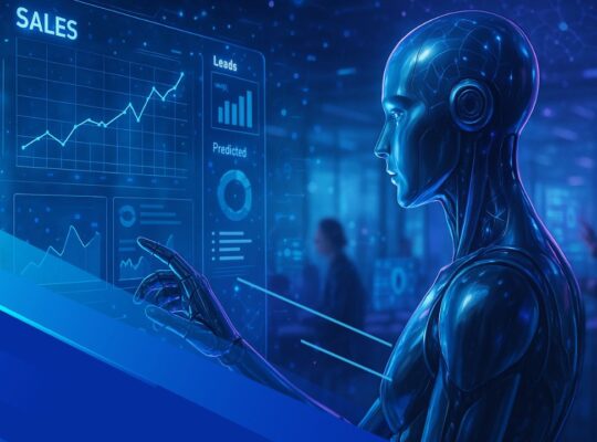 Rappresentazione futuristica di un’intelligenza artificiale che analizza dashboard di vendita in tempo reale