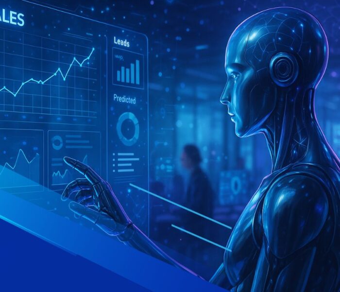 Rappresentazione futuristica di un’intelligenza artificiale che analizza dashboard di vendita in tempo reale