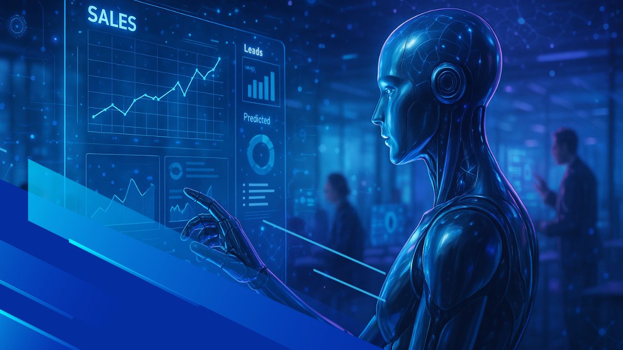 Rappresentazione futuristica di un’intelligenza artificiale che analizza dashboard di vendita in tempo reale