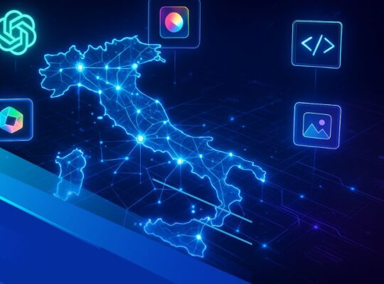 Mappa dell’Italia con connessioni AI e strumenti generativi in stile tech