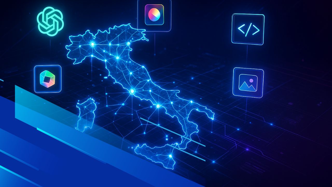 Mappa dell’Italia con connessioni AI e strumenti generativi in stile tech