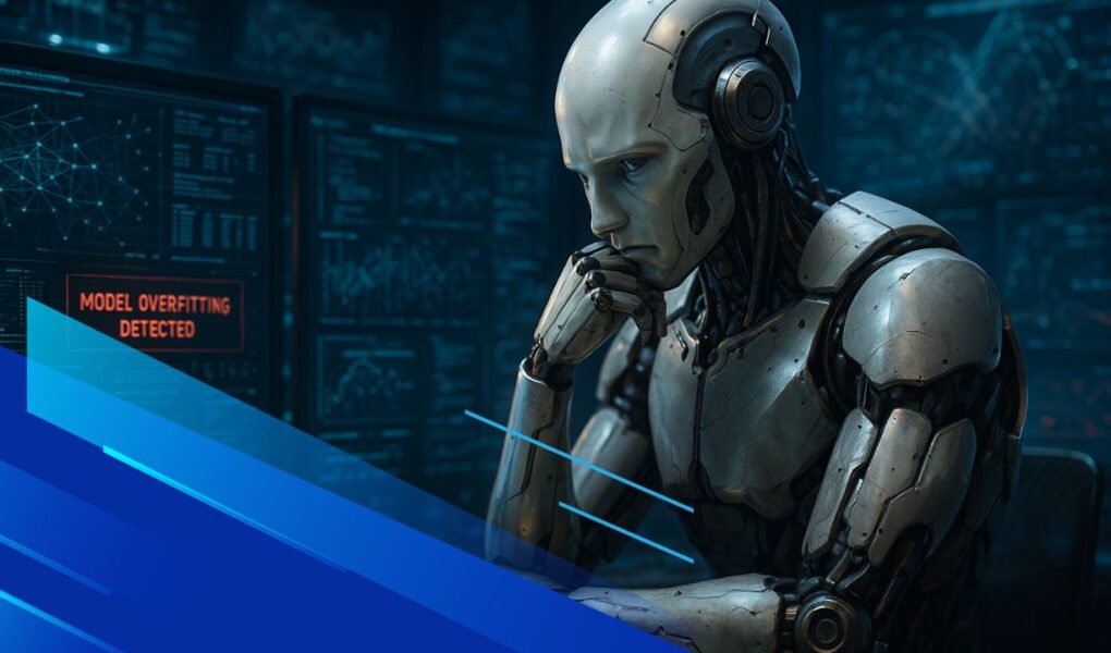 Robot umanoide riflessivo davanti a più schermi con avviso “Model Overfitting Detected”, in un ambiente tecnologico blu.