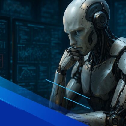 Robot umanoide riflessivo davanti a più schermi con avviso “Model Overfitting Detected”, in un ambiente tecnologico blu.