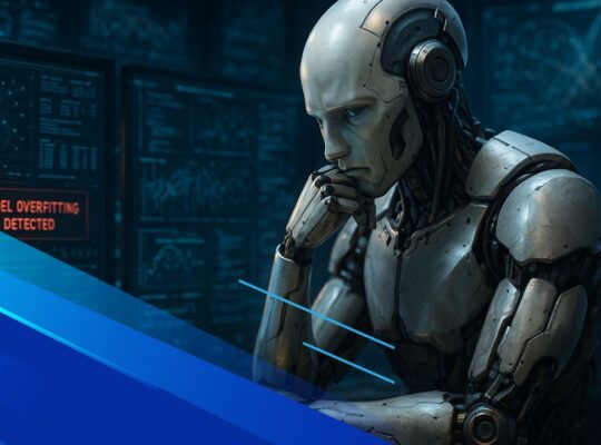 Robot umanoide riflessivo davanti a più schermi con avviso “Model Overfitting Detected”, in un ambiente tecnologico blu.