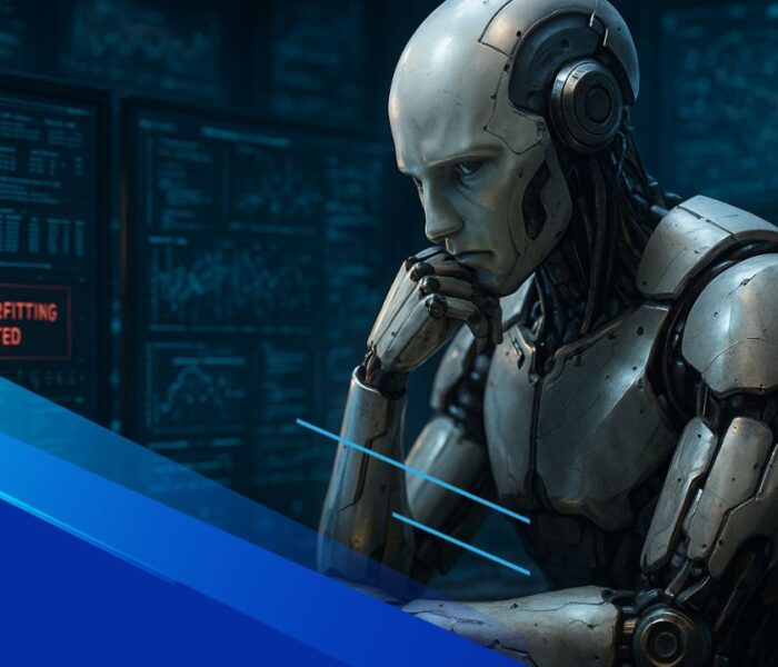 Robot umanoide riflessivo davanti a più schermi con avviso “Model Overfitting Detected”, in un ambiente tecnologico blu.