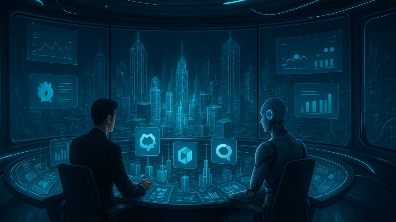 Sala di controllo futuristica con visualizzazione olografica delle piattaforme AI per vendite come Salesforce, HubSpot e altri