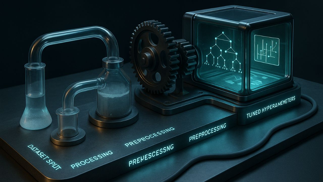 Rappresentazione fotorealistica di una pipeline ML attraverso oggetti fisici come tubi di vetro, ingranaggi e camere digitali
