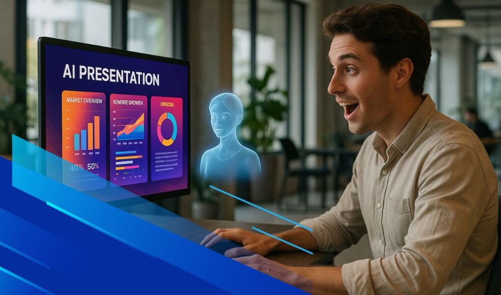 Professionista guarda una presentazione creata con AI su monitor in ufficio moderno