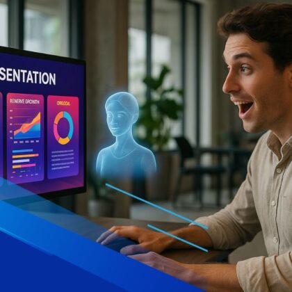 Professionista guarda una presentazione creata con AI su monitor in ufficio moderno
